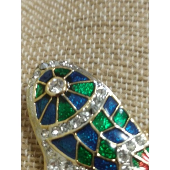 Large Rhinestone Enamel Butterfly Brooch Colorful Bold Runway Gold Tone - Picture 6 of 6